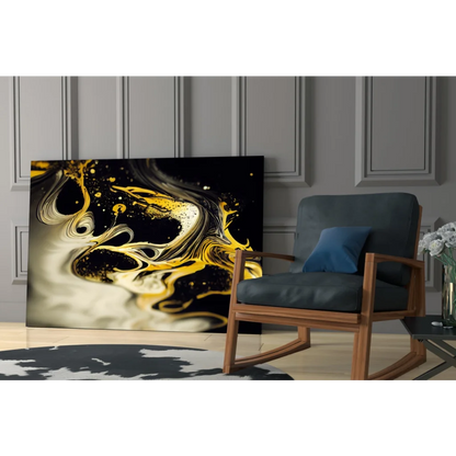 Black gold white abstract swirling fluid glass wall art print
