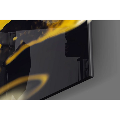 Sleek black-framed glass wall art with vibrant yellow abstract streaks
