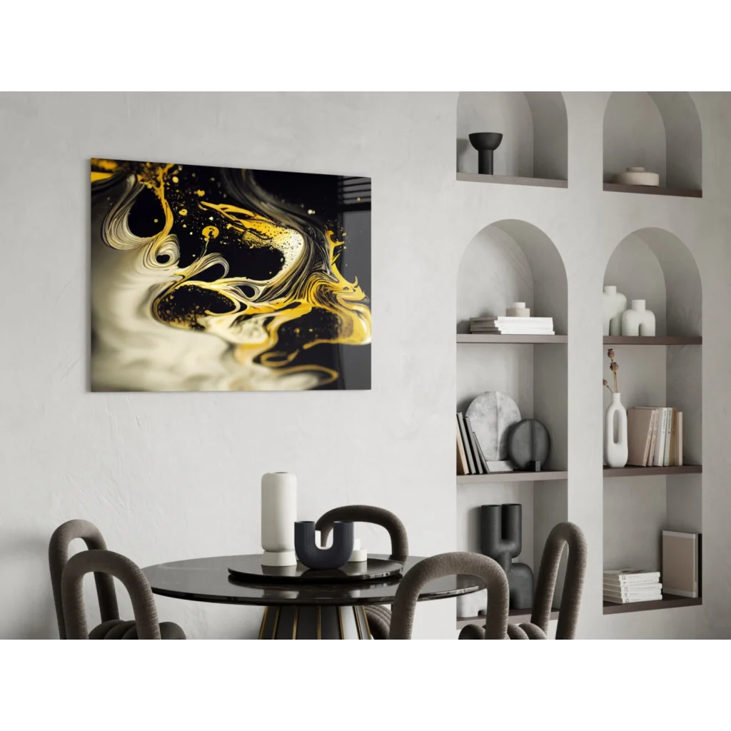Black and gold abstract glass wall art with swirling patterns