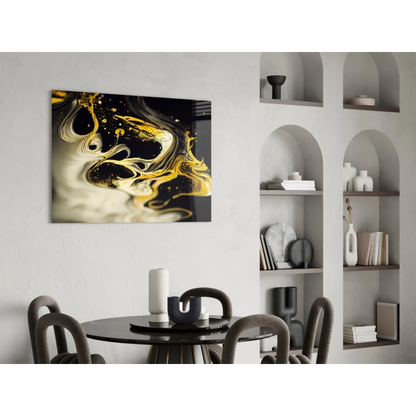 Black and gold abstract glass wall art with swirling patterns