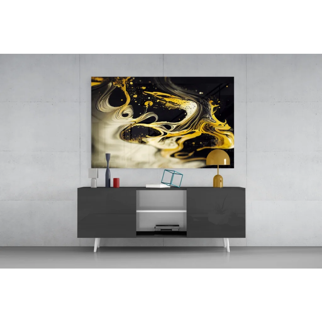 Stunning black, gold, cream abstract glass wall art print