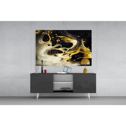 Stunning black, gold, cream abstract glass wall art print