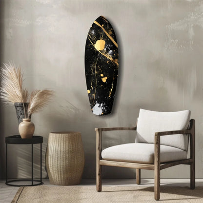 Black and gold tempered glass art surfboard with marble splashes
