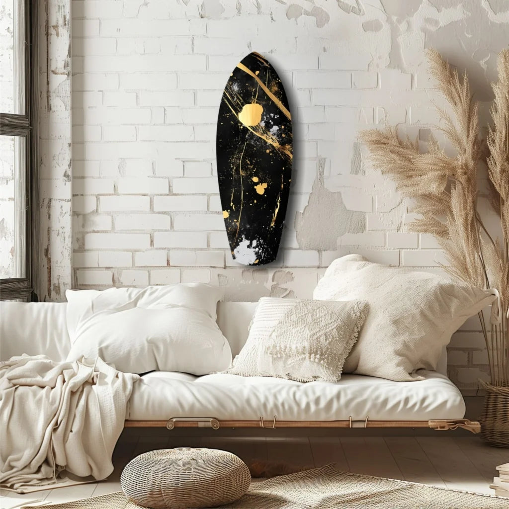 Black surfboard tempered glass art with gold splatter and white accents