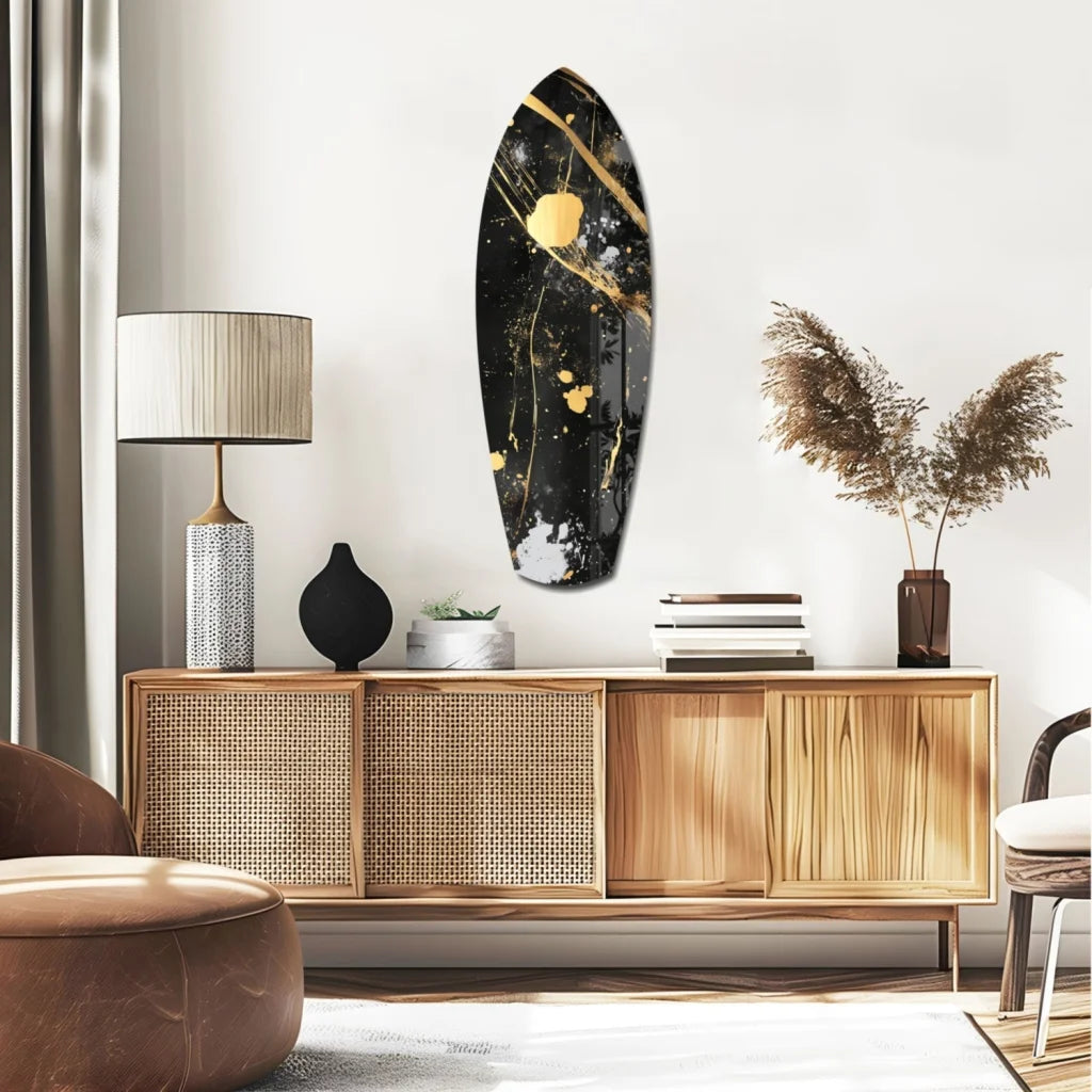 Black and gold surfboard tempered glass art with splatter design