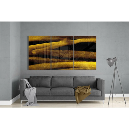 Golden Streak Glass Wall Art Triptych with bold yellow streaks on black