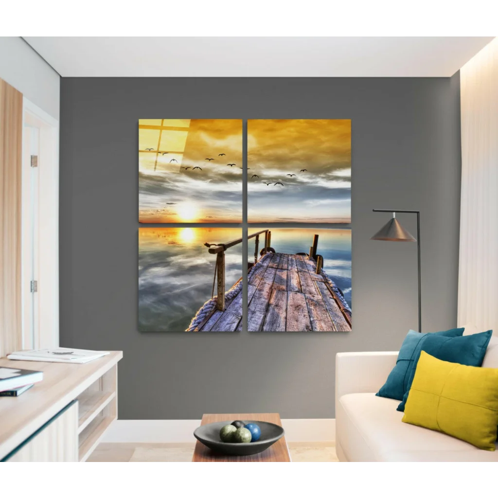 Golden sunset pier glass wall art four panel canvas print