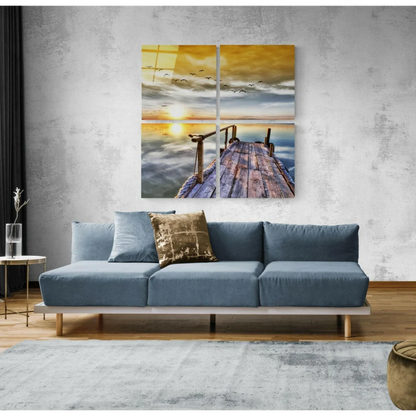 Golden sunset pier on 4-panel glass wall art canvas print