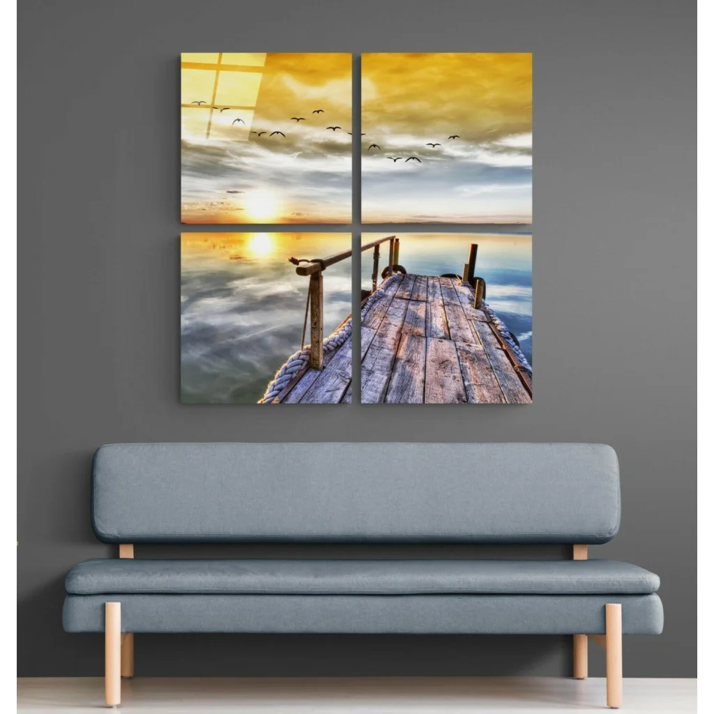 Golden Sunset Pier glass wall art: 4-panel canvas print of pier at sunset with birds