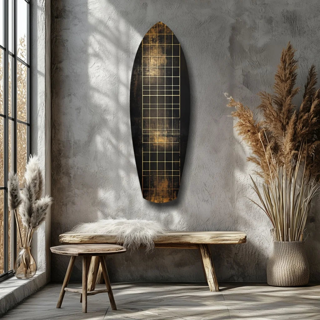 Rustic tempered glass art with surfboard shape and gold grid lines