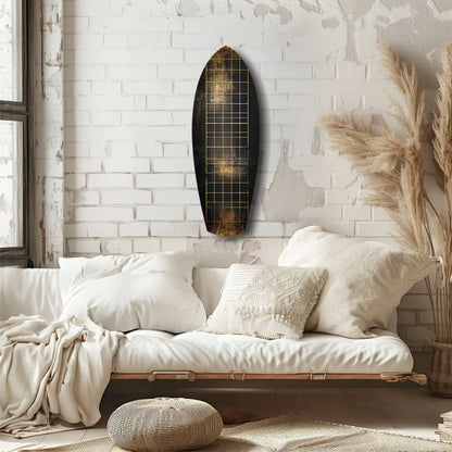 Sleek black tempered glass art with gold grid and distressed wood texture