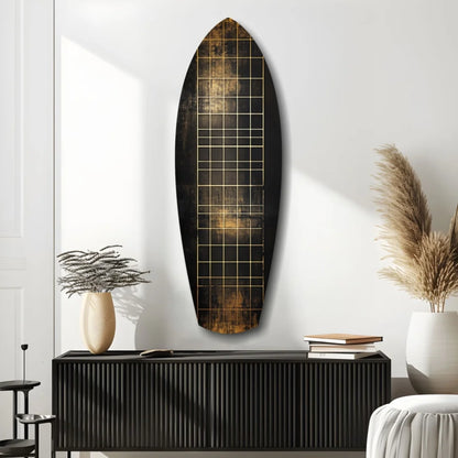 Stunning tempered glass art with surfboard shape and gold lines
