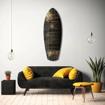 Sleek black tempered glass art with gold grid lines and patina