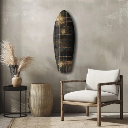 Stunning black and gold grid-patterned tempered glass art surfboard wall decor