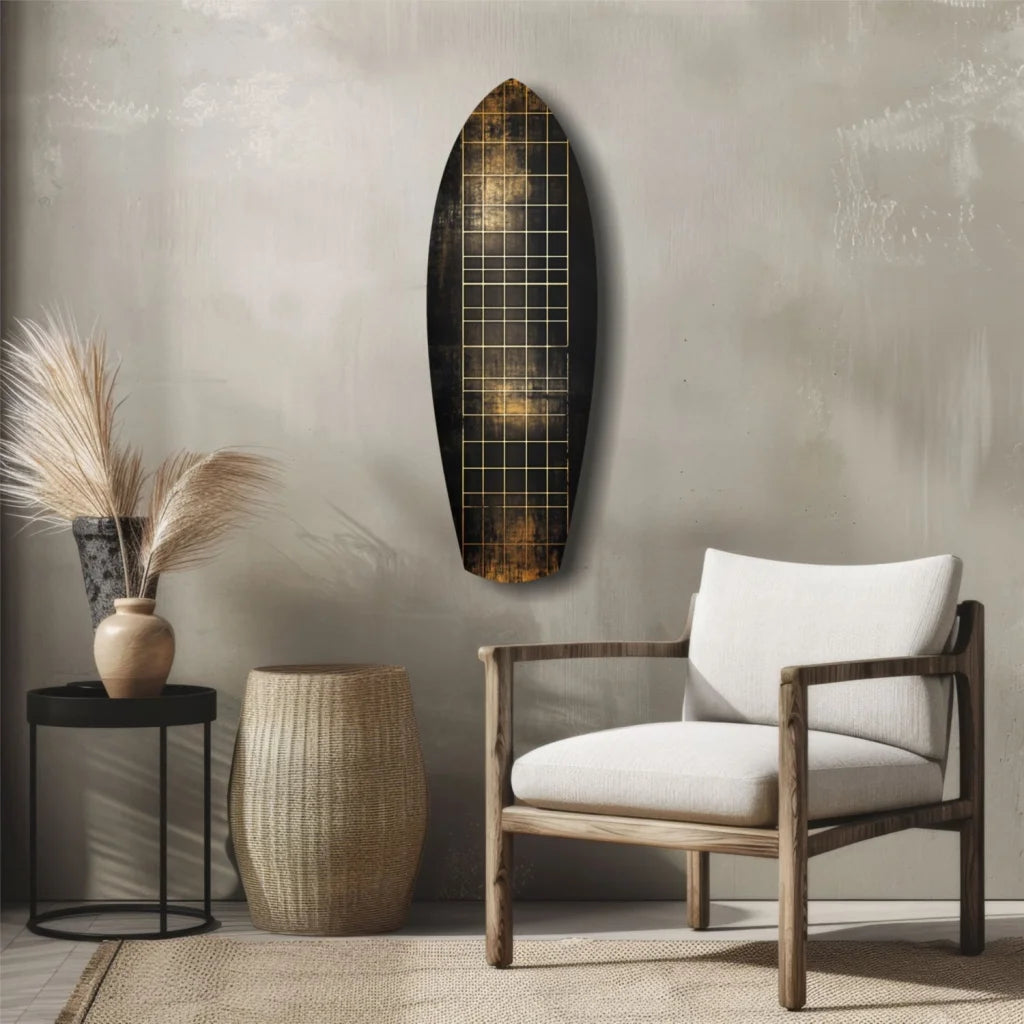 Stunning black and gold tempered glass art surfboard wall decor