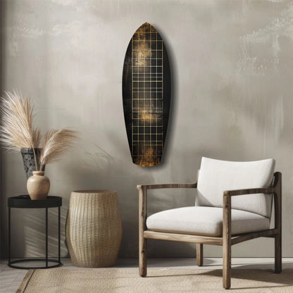 Stunning black and gold tempered glass art surfboard wall decor