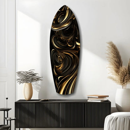 Golden Swirls tempered glass art with black and gold abstract swirls