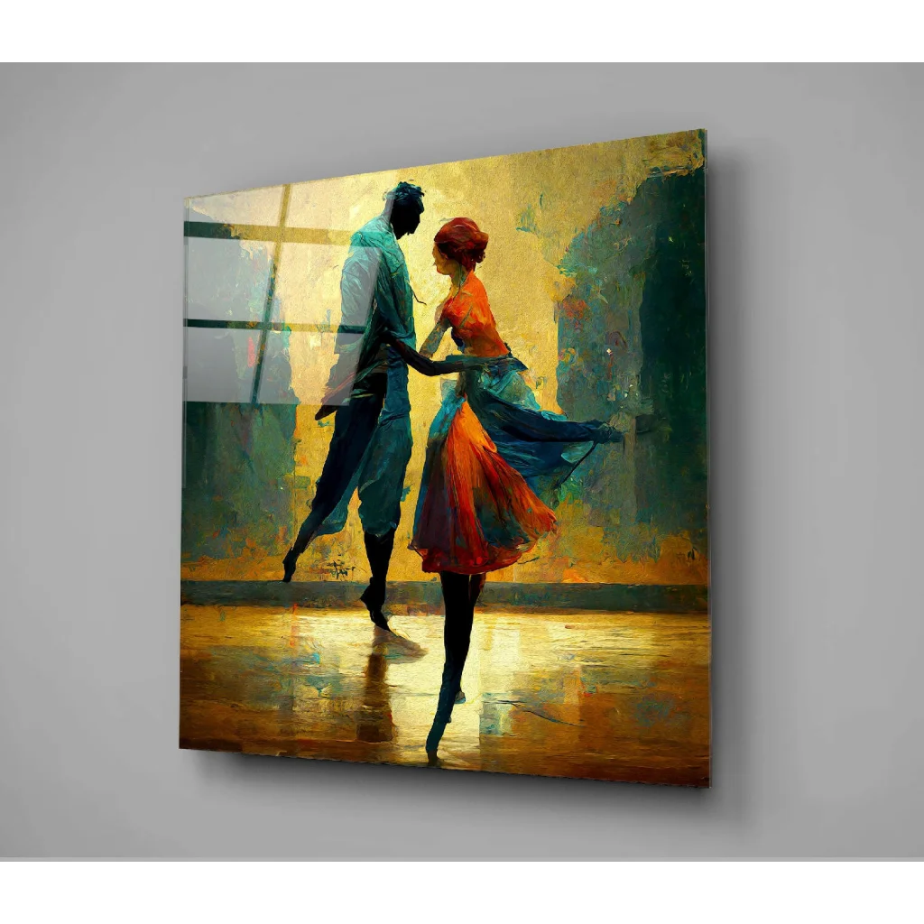 Vibrant golden teal dance abstract glass wall art of couple dancing