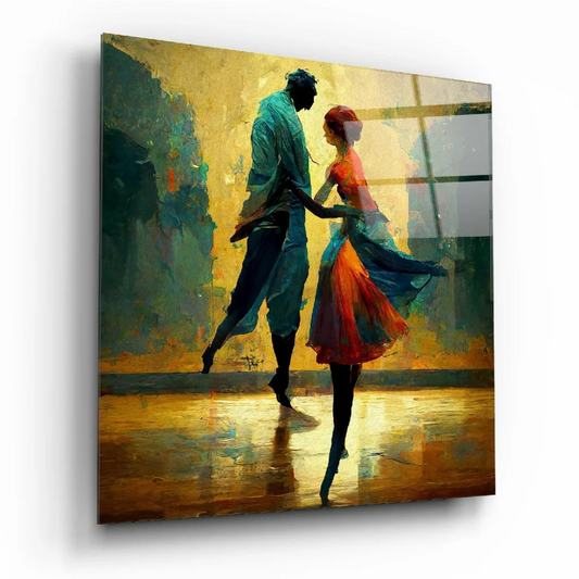 Vibrant couple dancing in golden teal abstract on glass wall art