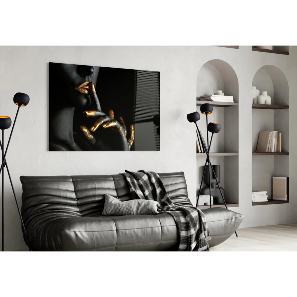 Black and gold abstract portrait canvas wall art on wall