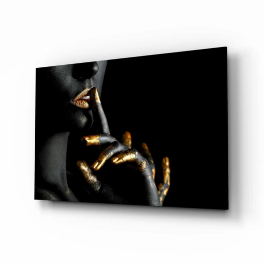 Black and gold abstract portrait canvas wall art with hand touching lips