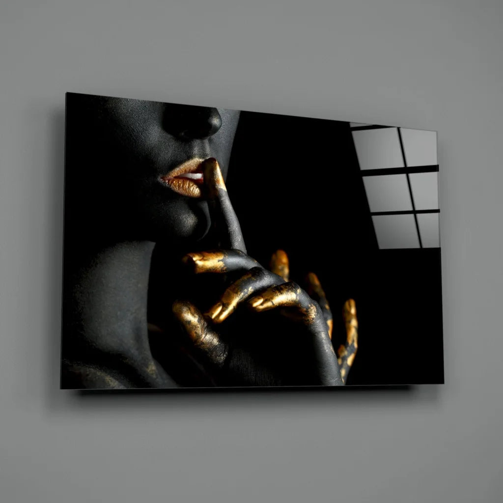 Golden Touch Black canvas wall art with abstract gold lips and hand