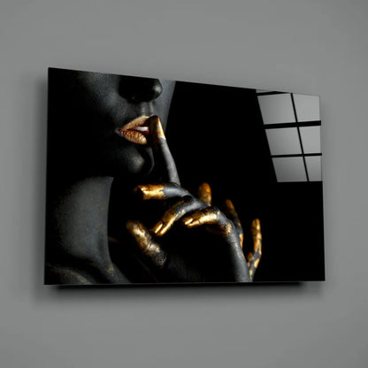 Golden Touch Black canvas wall art with abstract gold lips and hand