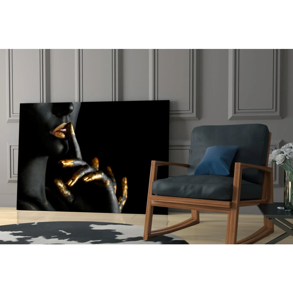 Golden Touch Black canvas wall art: woman’s face with golden lips and hands on dark background