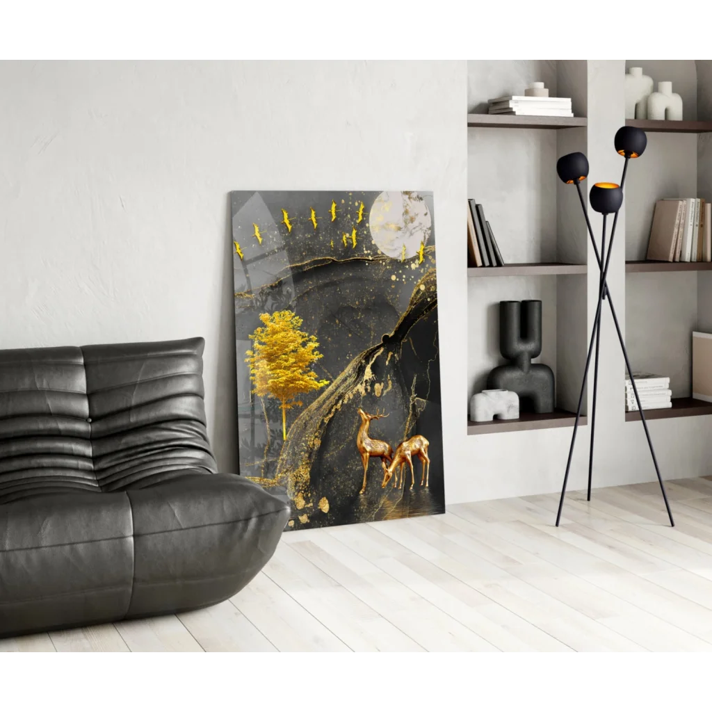Black and gold deer wall art canvas with yellow tree and birds
