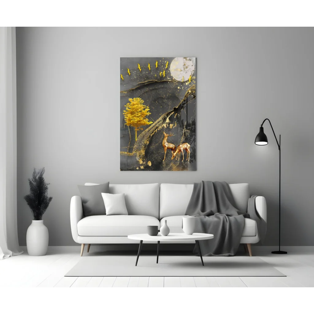 Golden Deer Paradise Canvas Wall Art with Yellow Tree and Birds | Modern Wall Art Decor | vintageantiquesgifts.com