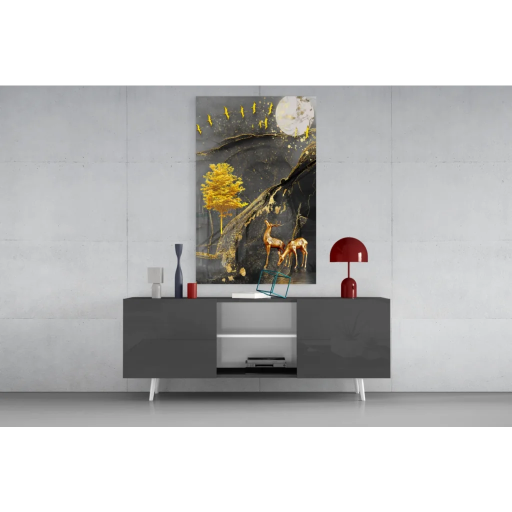 Golden Deer Paradise canvas wall art with yellow tree, birds, moon