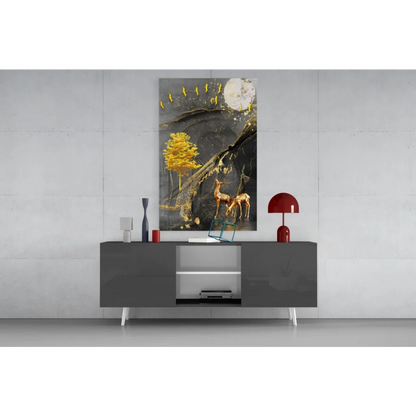Golden Deer Paradise canvas wall art with yellow tree, birds, moon
