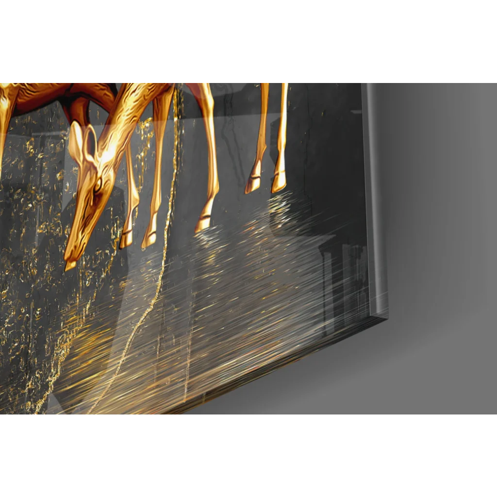 Golden deer legs in intricate detail on dark reflective glass wall art