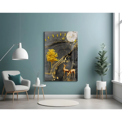 Golden Deer Paradise Canvas Wall Art with Yellow Tree and Birds | Contemporary Home Wall Art | vintageantiquesgifts.com