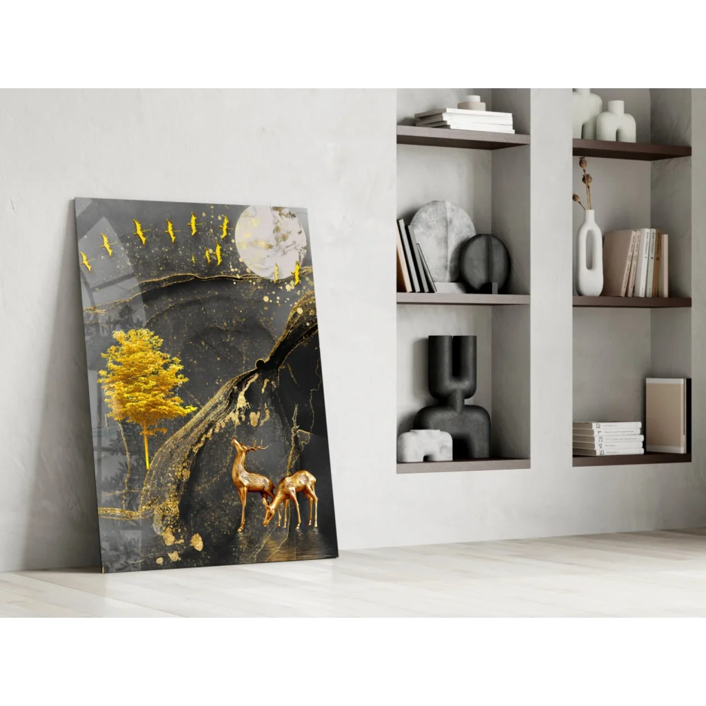 Black and gold abstract canvas wall art with golden deer, yellow tree, birds, moon