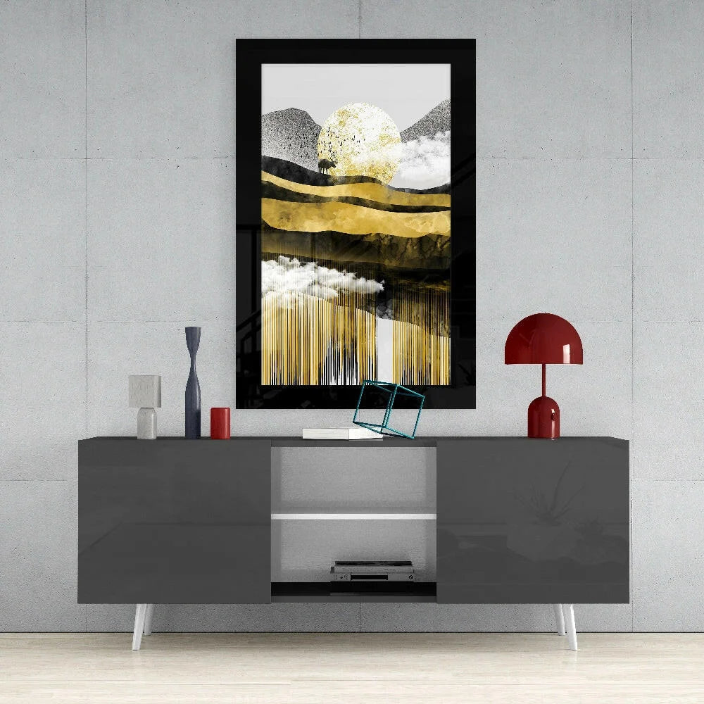 Golden sunset mountains glass wall art with black frame and reflective waves