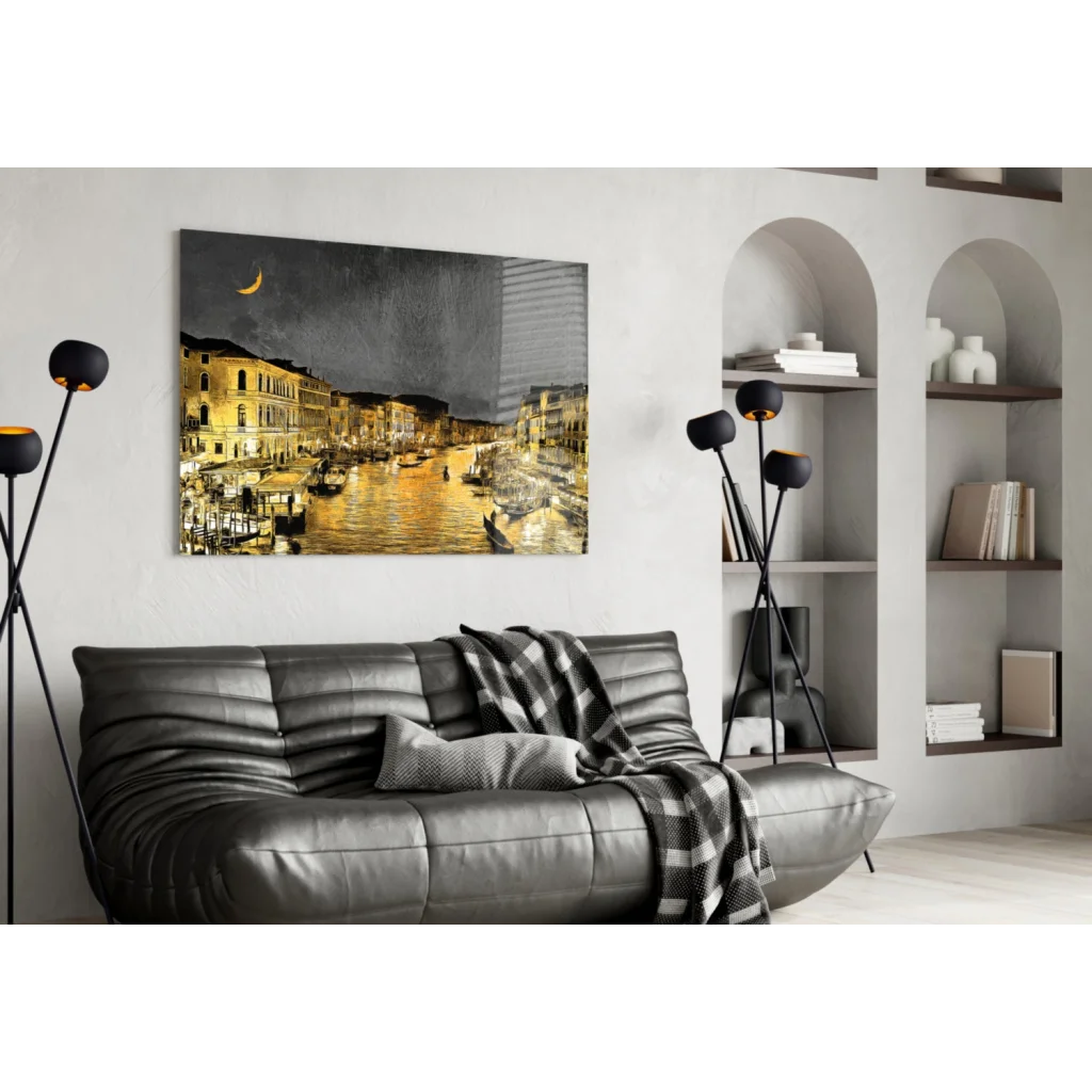Golden Venice Canal glass wall art with gondolas, moon, sofa, plaid blanket