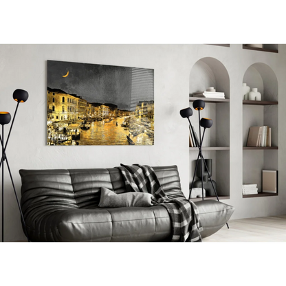 Golden Venice Canal glass wall art with gondolas, moon, sofa, plaid blanket