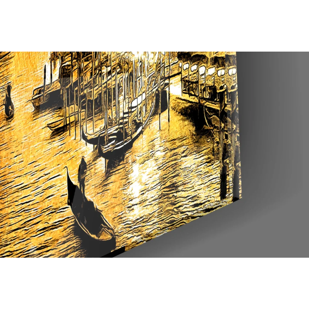 Golden Venice Canal glass wall art with gondolas and moon
