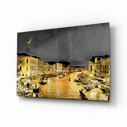Golden Venice Canal glass wall art with gondolas and moon