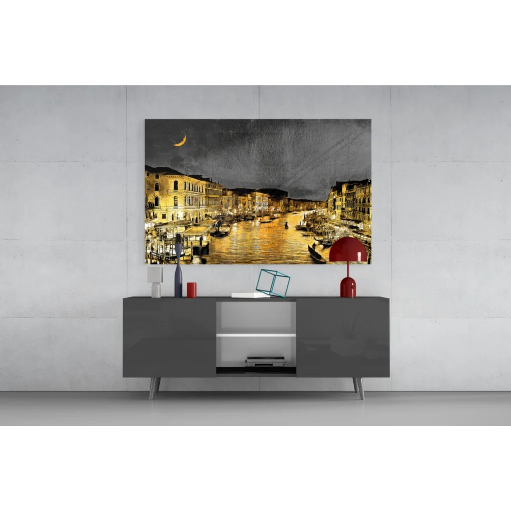 Golden Venice Canal glass wall art with gondolas and moon