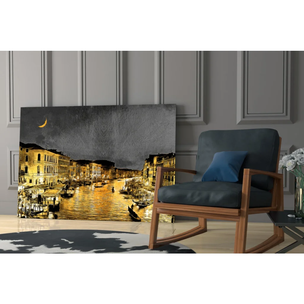 Golden Venice Canal glass wall art with gondolas and moon