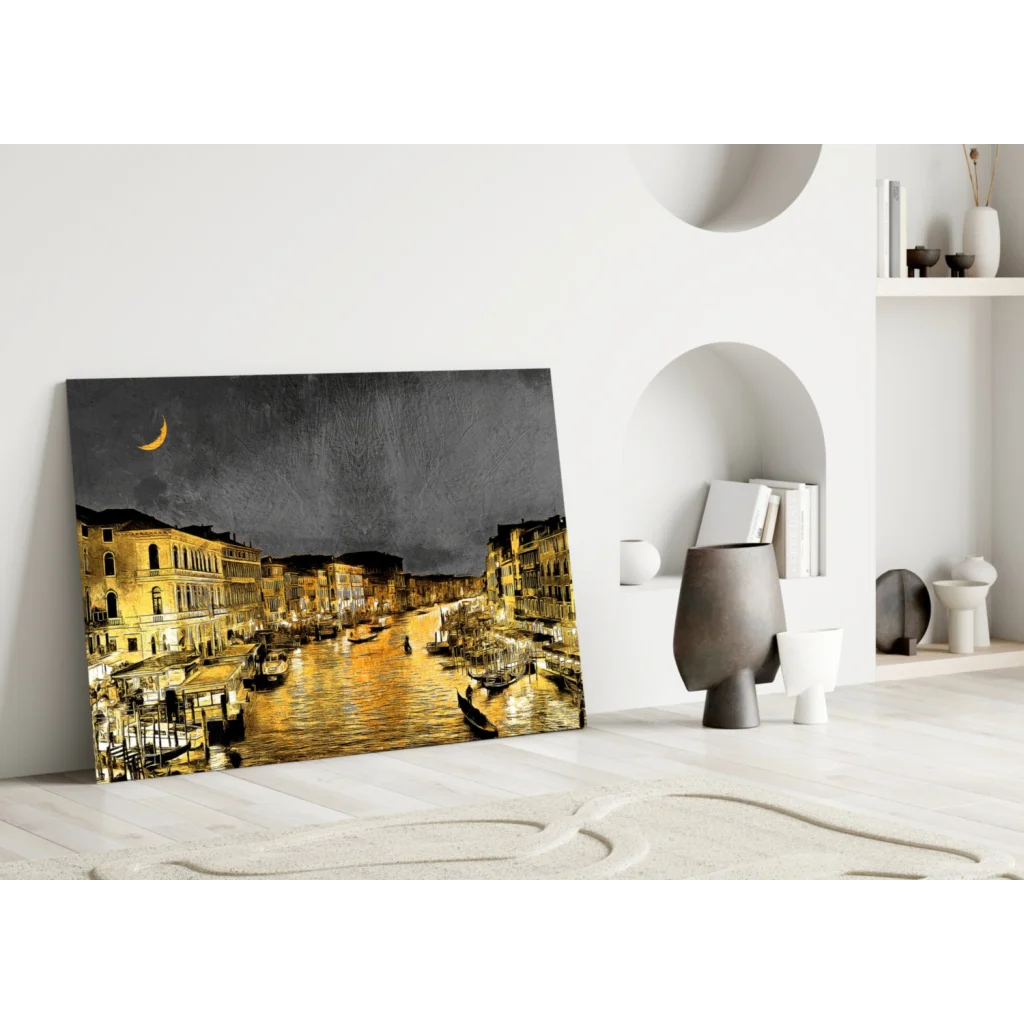 Golden Venice Canal glass wall art with gondolas and moon