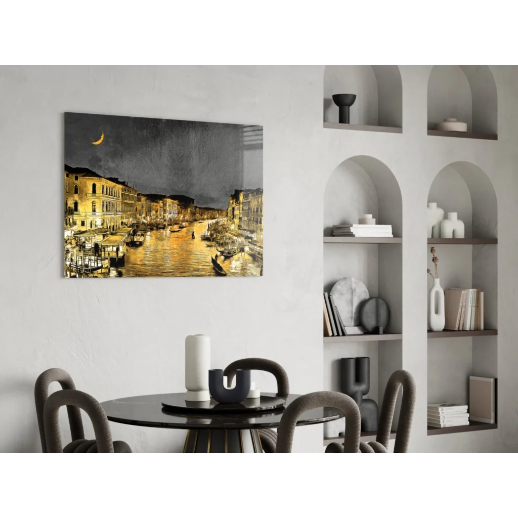 Golden Venice Canal glass wall art with gondolas and moon