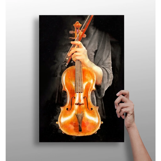 Golden violin with intricate design on dark wood aluminum print wall art
