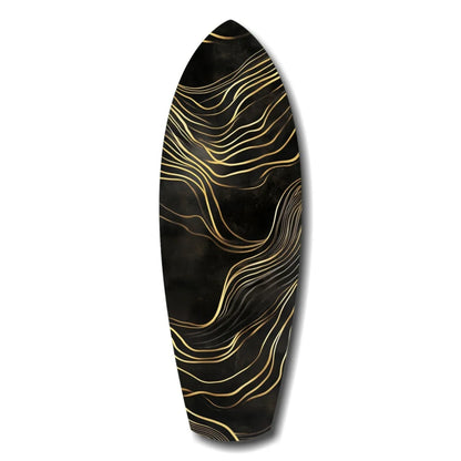 Golden waves tempered glass art surfboard wall decor with black base