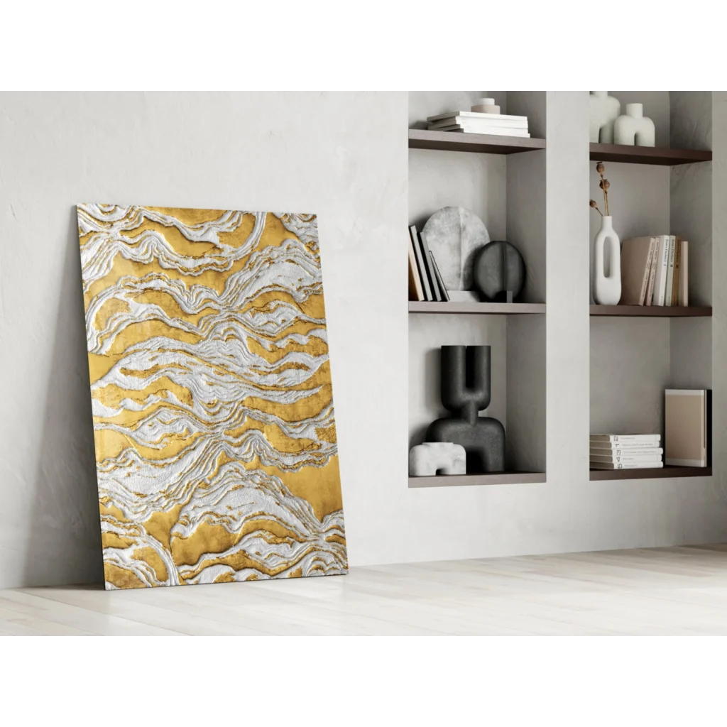 Modern golden wave canvas wall art with flowing metallic patterns