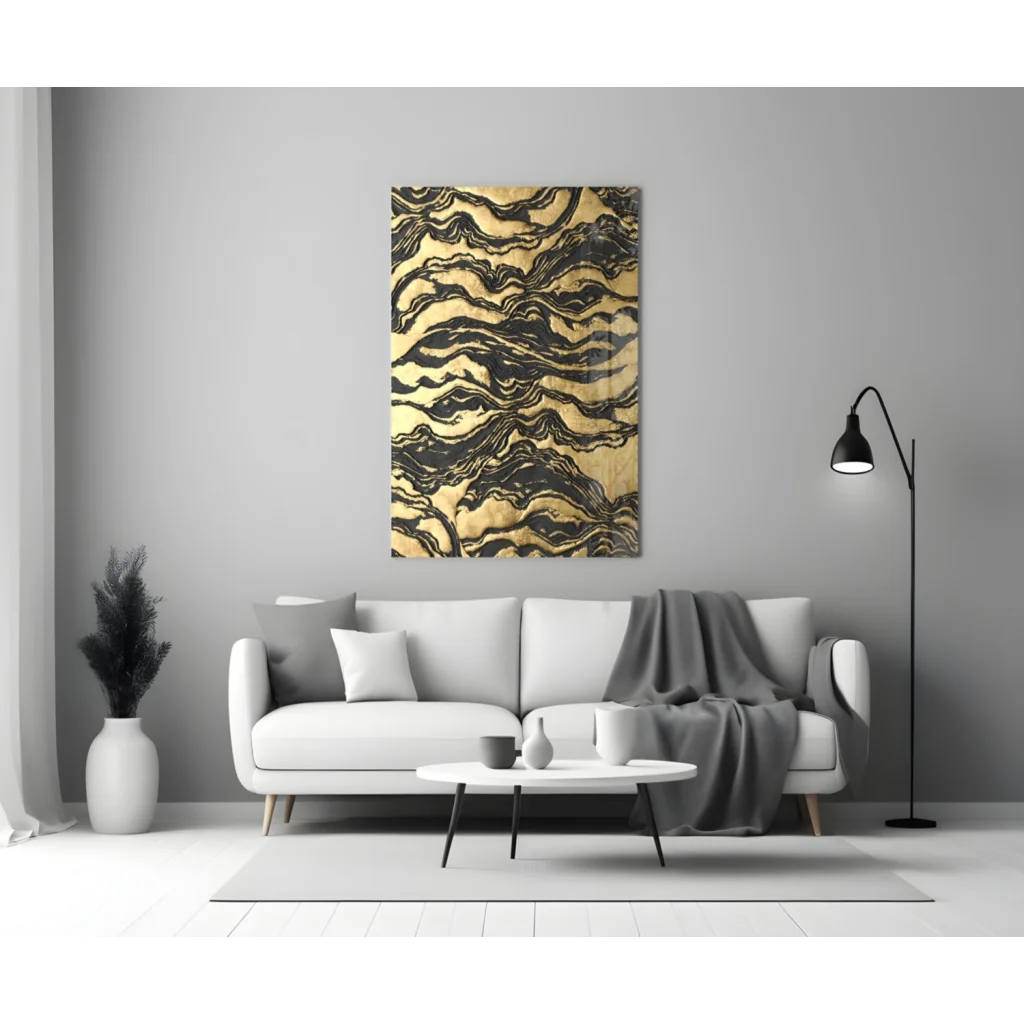 Luxurious gold black marbled glass wall art panel on gray wall