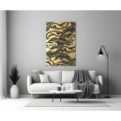 Luxurious gold black marbled glass wall art panel on gray wall