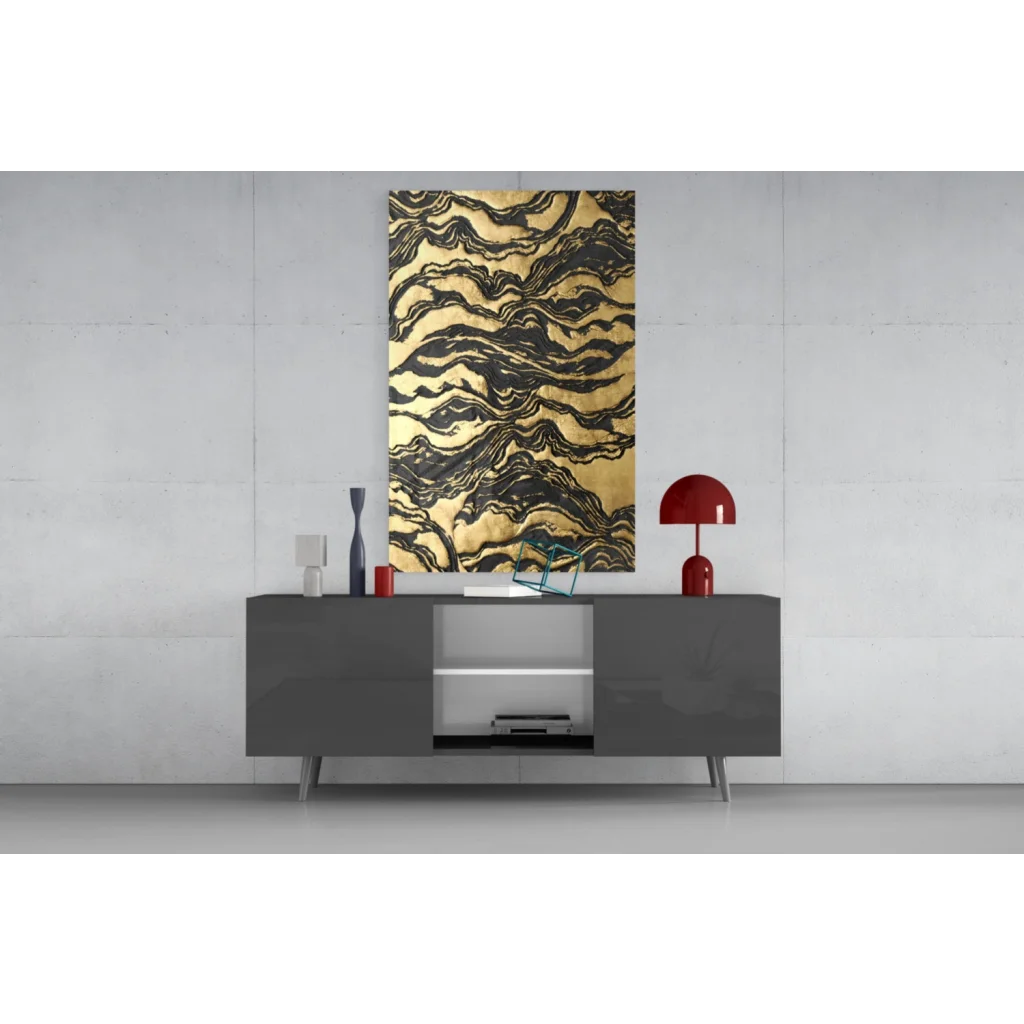 Striking gold black marbled glass wall art panel with abstract swirls